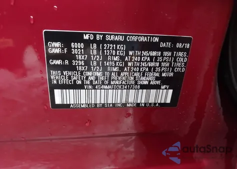 2019 Subaru Ascent Premium из США, поврежденный, VIN 4S4WMAFD2K3417308